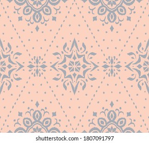 Ikat seamless pattern. Border with snowflakes. Openwork lace. New year Christmas background. Vector tie dye shibori print with stripes and chevron. Ink textured japanese background. Bohemian fashion. 