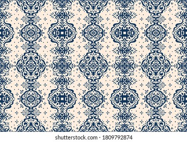 Ikat seamless pattern. Border with snowflakes. Openwork lace. New year Christmas background. Vector tie dye shibori print with stripes and chevron. Ink textured japanese background. Bohemian fashion. 