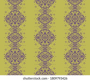 Ikat seamless pattern. Border with snowflakes. Openwork lace. New year Christmas background. Vector tie dye shibori print with stripes and chevron. Ink textured japanese background. Bohemian fashion. 