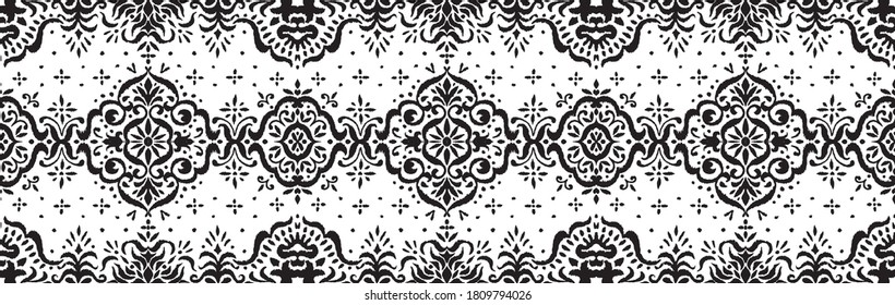 Ikat seamless pattern. Border with snowflakes. Openwork lace. New year Christmas background. Vector tie dye shibori print with stripes and chevron. Ink textured japanese background. Bohemian fashion. 