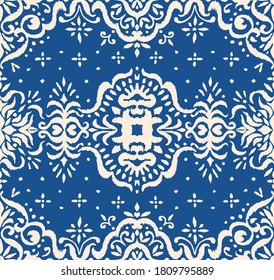 Ikat seamless pattern. Border with snowflakes. Openwork lace. New year Christmas background. Vector tie dye shibori print with stripes and chevron. Ink textured japanese background. Bohemian fashion. 