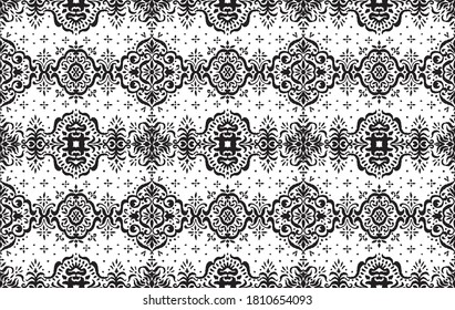 Ikat seamless pattern. Border with snowflakes. Openwork lace. New year Christmas background. Vector tie dye shibori print with stripes and chevron. Ink textured japanese background. Bohemian fashion. 