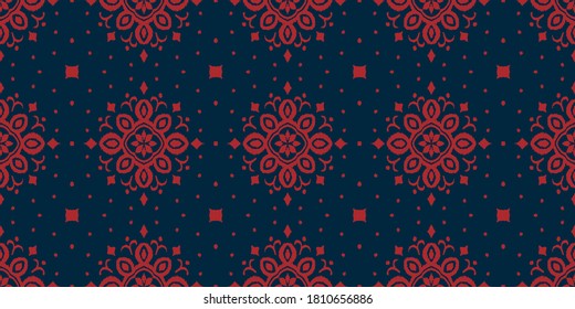 Ikat seamless pattern. Border with snowflakes. Openwork lace. New year Christmas background. Vector tie dye shibori print with stripes and chevron. Ink textured japanese background. Bohemian fashion. 