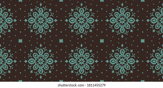 Ikat seamless pattern. Border with snowflakes. Openwork lace. New year Christmas background. Vector tie dye shibori print with stripes and chevron. Ink textured japanese background. Bohemian fashion. 