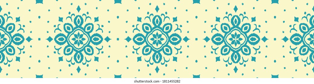 Ikat seamless pattern. Border with snowflakes. Openwork lace. New year Christmas background. Vector tie dye shibori print with stripes and chevron. Ink textured japanese background. Bohemian fashion. 