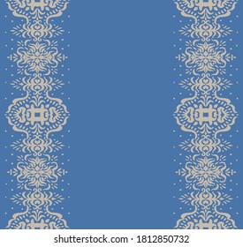 Ikat seamless pattern. Border with snowflakes. Openwork lace. New year Christmas background. Vector tie dye shibori print with stripes and chevron. Ink textured japanese background. Bohemian fashion. 