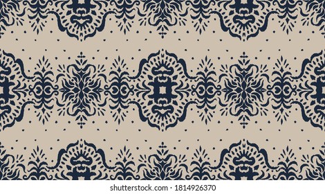 Ikat seamless pattern. Border with snowflakes. Openwork lace. New year Christmas background. Vector tie dye shibori print with stripes and chevron. Ink textured japanese background. Bohemian fashion. 