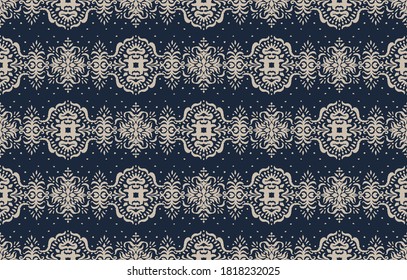Patrón ininterrumpido de Ikat. Borde con copos de nieve. Lugar de apertura. Antecedentes de Navidad de Año Nuevo. Huella shibori de tinte vectorial con rayas y chevron. La tinta textura el fondo japonés. Moda bohemia. 