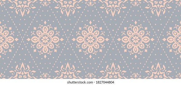 Ikat seamless pattern. Border with snowflakes. Openwork lace. New year Christmas background. Vector tie dye shibori print with stripes and chevron. Ink textured japanese background. Bohemian fashion. 