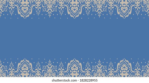 Ikat seamless pattern. Border with snowflakes. Openwork lace. New year Christmas background. Vector tie dye shibori print with stripes and chevron. Ink textured japanese background. Bohemian fashion. 