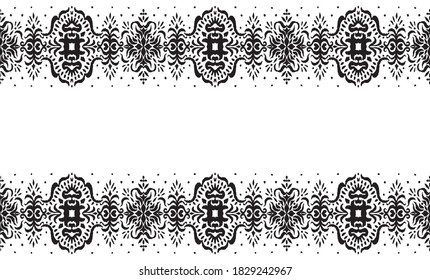 Ikat seamless pattern. Border with snowflakes. Openwork lace. New year Christmas background. Vector tie dye shibori print with stripes and chevron. Ink textured japanese background. Bohemian fashion. 