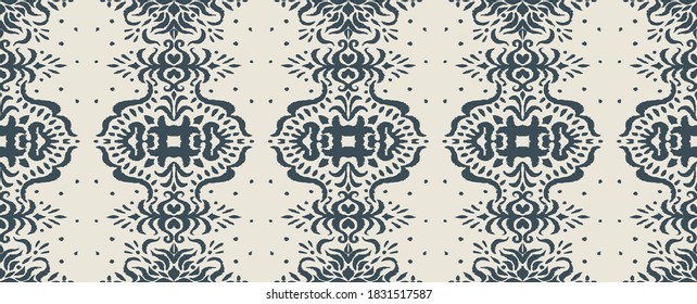 Ikat seamless pattern. Border with snowflakes. Openwork lace. New year Christmas background. Vector tie dye shibori print with stripes and chevron. Ink textured japanese background. Bohemian fashion. 