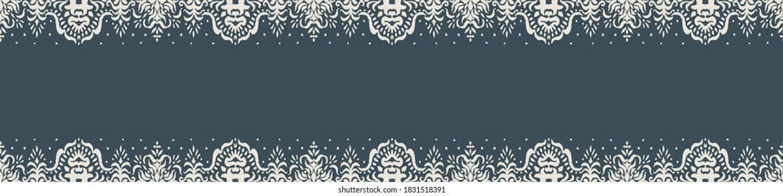 Ikat seamless pattern. Border with snowflakes. Openwork lace. New year Christmas background. Vector tie dye shibori print with stripes and chevron. Ink textured japanese background. Bohemian fashion. 