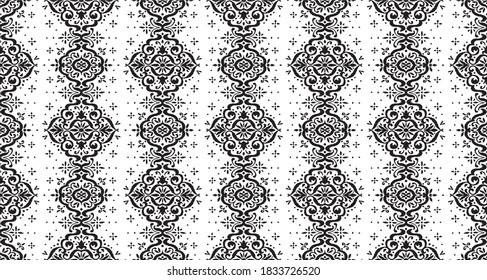Ikat seamless pattern. Border with snowflakes. Openwork lace. New year Christmas background. Vector tie dye shibori print with stripes and chevron. Ink textured japanese background. Bohemian fashion. 
