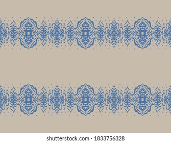 Ikat seamless pattern. Border with snowflakes. Openwork lace. New year Christmas background. Vector tie dye shibori print with stripes and chevron. Ink textured japanese background. Bohemian fashion. 