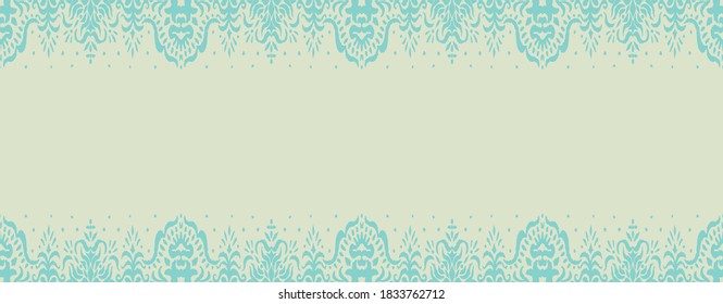 Ikat seamless pattern. Border with snowflakes. Openwork lace. New year Christmas background. Vector tie dye shibori print with stripes and chevron. Ink textured japanese background. Bohemian fashion. 