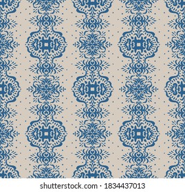 Ikat seamless pattern. Border with snowflakes. Openwork lace. New year Christmas background. Vector tie dye shibori print with stripes and chevron. Ink textured japanese background. Bohemian fashion. 