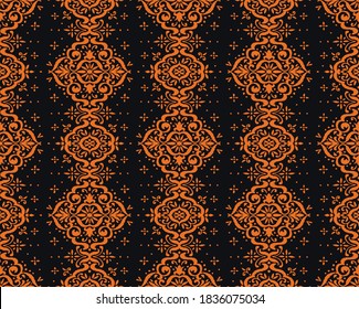 Ikat seamless pattern. Border with snowflakes. Openwork lace. New year Christmas background. Vector tie dye shibori print with stripes and chevron. Ink textured japanese background. Bohemian fashion. 
