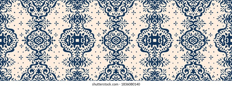 Ikat seamless pattern. Border with snowflakes. Openwork lace. New year Christmas background. Vector tie dye shibori print with stripes and chevron. Ink textured japanese background. Bohemian fashion. 