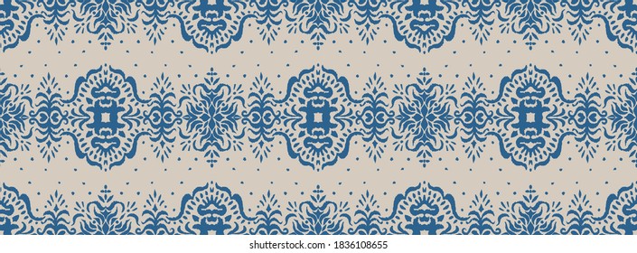 Ikat seamless pattern. Border with snowflakes. Openwork lace. New year Christmas background. Vector tie dye shibori print with stripes and chevron. Ink textured japanese background. Bohemian fashion. 