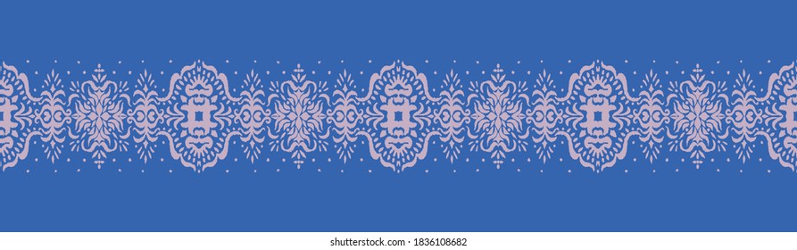 Ikat seamless pattern. Border with snowflakes. Openwork lace. New year Christmas background. Vector tie dye shibori print with stripes and chevron. Ink textured japanese background. Bohemian fashion. 