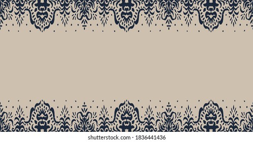 Patrón ininterrumpido de Ikat. Borde con copos de nieve. Lugar de apertura. Antecedentes de Navidad de Año Nuevo. Huella shibori de tinte vectorial con rayas y chevron. La tinta textura el fondo japonés. Moda bohemia. 