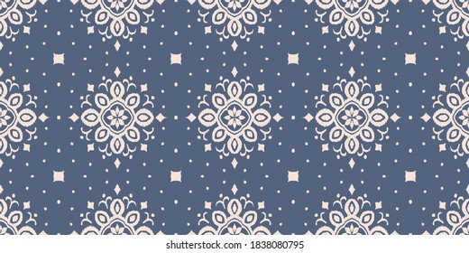 Ikat seamless pattern. Border with snowflakes. Openwork lace. New year Christmas background. Vector tie dye shibori print with stripes and chevron. Ink textured japanese background. Bohemian fashion. 