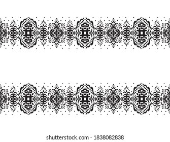 Ikat seamless pattern. Border with snowflakes. Openwork lace. New year Christmas background. Vector tie dye shibori print with stripes and chevron. Ink textured japanese background. Bohemian fashion. 