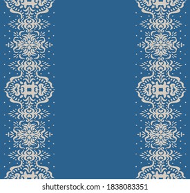Ikat seamless pattern. Border with snowflakes. Openwork lace. New year Christmas background. Vector tie dye shibori print with stripes and chevron. Ink textured japanese background. Bohemian fashion. 