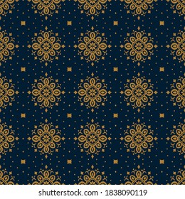 Ikat seamless pattern. Border with snowflakes. Openwork lace. New year Christmas background. Vector tie dye shibori print with stripes and chevron. Ink textured japanese background. Bohemian fashion. 