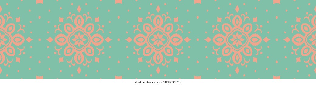 Ikat seamless pattern. Border with snowflakes. Openwork lace. New year Christmas background. Vector tie dye shibori print with stripes and chevron. Ink textured japanese background. Bohemian fashion. 