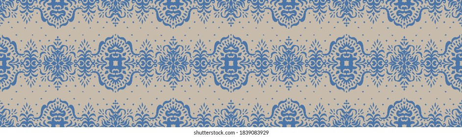 Ikat seamless pattern. Border with snowflakes. Openwork lace. New year Christmas background. Vector tie dye shibori print with stripes and chevron. Ink textured japanese background. Bohemian fashion. 