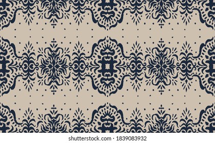 Ikat seamless pattern. Border with snowflakes. Openwork lace. New year Christmas background. Vector tie dye shibori print with stripes and chevron. Ink textured japanese background. Bohemian fashion. 
