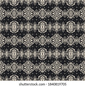 Ikat seamless pattern. Border with snowflakes. Openwork lace. New year Christmas background. Vector tie dye shibori print with stripes and chevron. Ink textured japanese background. Bohemian fashion. 