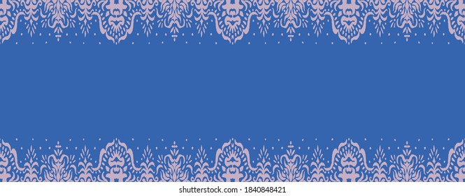 Ikat seamless pattern. Border with snowflakes. Openwork lace. New year Christmas background. Vector tie dye shibori print with stripes and chevron. Ink textured japanese background. Bohemian fashion. 