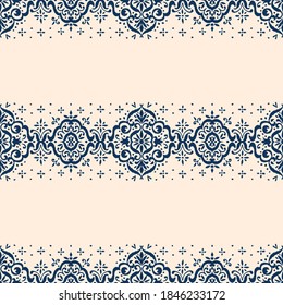 Ikat seamless pattern. Border with snowflakes. Openwork lace. New year Christmas background. Vector tie dye shibori print with stripes and chevron. Ink textured japanese background. Bohemian fashion. 