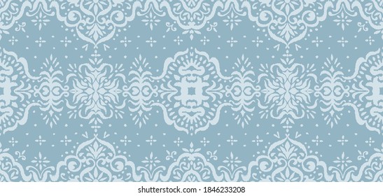 Ikat seamless pattern. Border with snowflakes. Openwork lace. New year Christmas background. Vector tie dye shibori print with stripes and chevron. Ink textured japanese background. Bohemian fashion. 