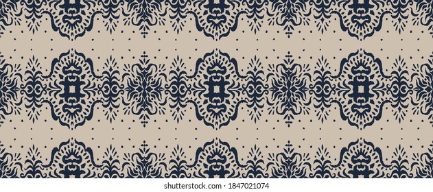 Ikat seamless pattern. Border with snowflakes. Openwork lace. New year Christmas background. Vector tie dye shibori print with stripes and chevron. Ink textured japanese background. Bohemian fashion. 