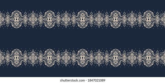 Ikat seamless pattern. Border with snowflakes. Openwork lace. New year Christmas background. Vector tie dye shibori print with stripes and chevron. Ink textured japanese background. Bohemian fashion. 