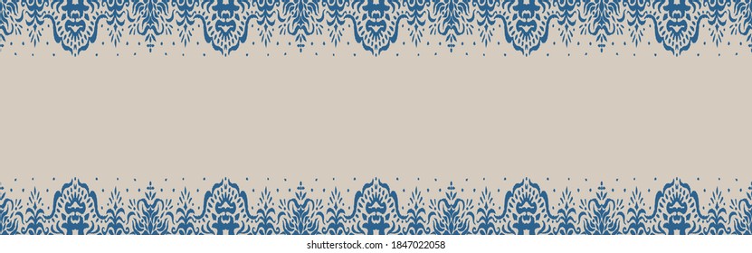 Patrón ininterrumpido de Ikat. Borde con copos de nieve. Lugar de apertura. Antecedentes de Navidad de Año Nuevo. Huella shibori de tinte vectorial con rayas y chevron. La tinta textura el fondo japonés. Moda bohemia. 
