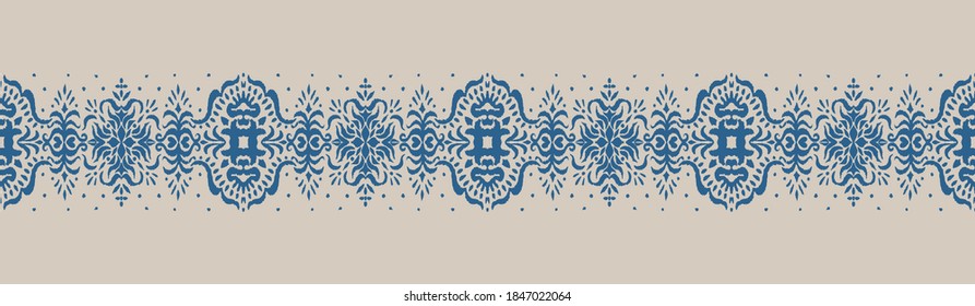 Ikat seamless pattern. Border with snowflakes. Openwork lace. New year Christmas background. Vector tie dye shibori print with stripes and chevron. Ink textured japanese background. Bohemian fashion. 