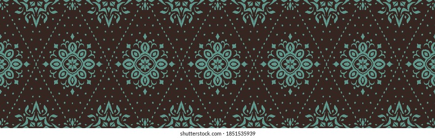 Ikat seamless pattern. Border with snowflakes. Openwork lace. New year Christmas background. Vector tie dye shibori print with stripes and chevron. Ink textured japanese background. Bohemian fashion. 