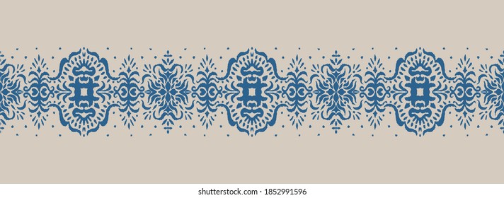Patrón ininterrumpido de Ikat. Borde con copos de nieve. Lugar de apertura. Antecedentes de Navidad de Año Nuevo. Huella shibori de tinte vectorial con rayas y chevron. La tinta textura el fondo japonés. Moda bohemia. 