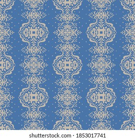 Ikat seamless pattern. Border with snowflakes. Openwork lace. New year Christmas background. Vector tie dye shibori print with stripes and chevron. Ink textured japanese background. Bohemian fashion. 
