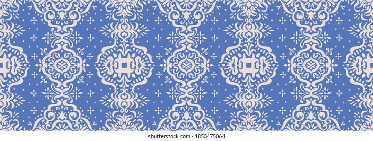 Ikat seamless pattern. Border with snowflakes. Openwork lace. New year Christmas background. Vector tie dye shibori print with stripes and chevron. Ink textured japanese background. Bohemian fashion. 