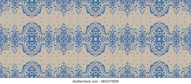 Ikat seamless pattern. Border with snowflakes. Openwork lace. New year Christmas background. Vector tie dye shibori print with stripes and chevron. Ink textured japanese background. Bohemian fashion. 