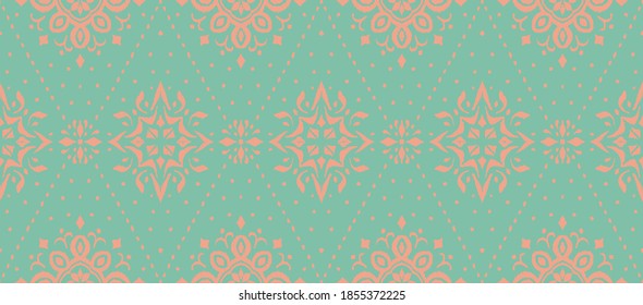 Ikat nahtloses Muster. Grenze mit Schneeflocken. Arbeitstisch. Neues Jahr Weihnachten Hintergrund. Vektorbinde Farbe Shibori Druck mit Streifen und Chevron. Tintenfisch strukturierter japanischer Hintergrund. Böhmische Mode. 