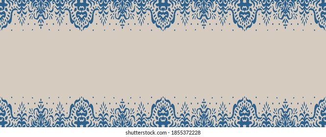 Ikat seamless pattern. Border with snowflakes. Openwork lace. New year Christmas background. Vector tie dye shibori print with stripes and chevron. Ink textured japanese background. Bohemian fashion. 