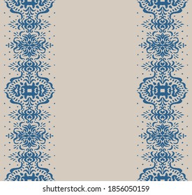 Ikat seamless pattern. Border with snowflakes. Openwork lace. New year Christmas background. Vector tie dye shibori print with stripes and chevron. Ink textured japanese background. Bohemian fashion. 