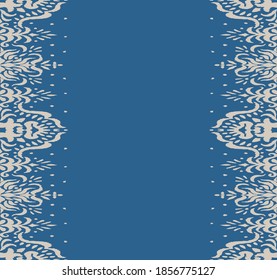 Ikat seamless pattern. Border with snowflakes. Openwork lace. New year Christmas background. Vector tie dye shibori print with stripes and chevron. Ink textured japanese background. Bohemian fashion. 